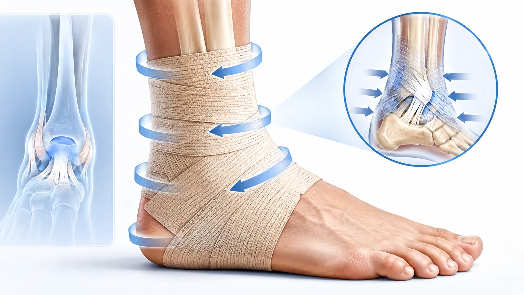 Elastic bandage providing supportive compression around an ankle